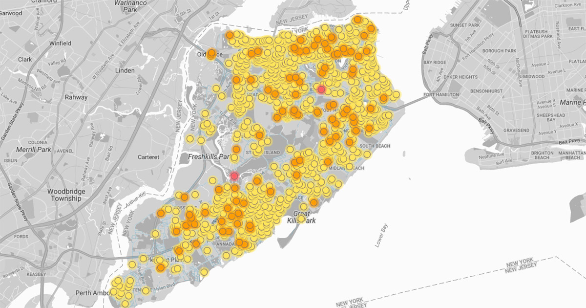 Map of Staten Island pinpointing methane leaks from natural gas pipelines.