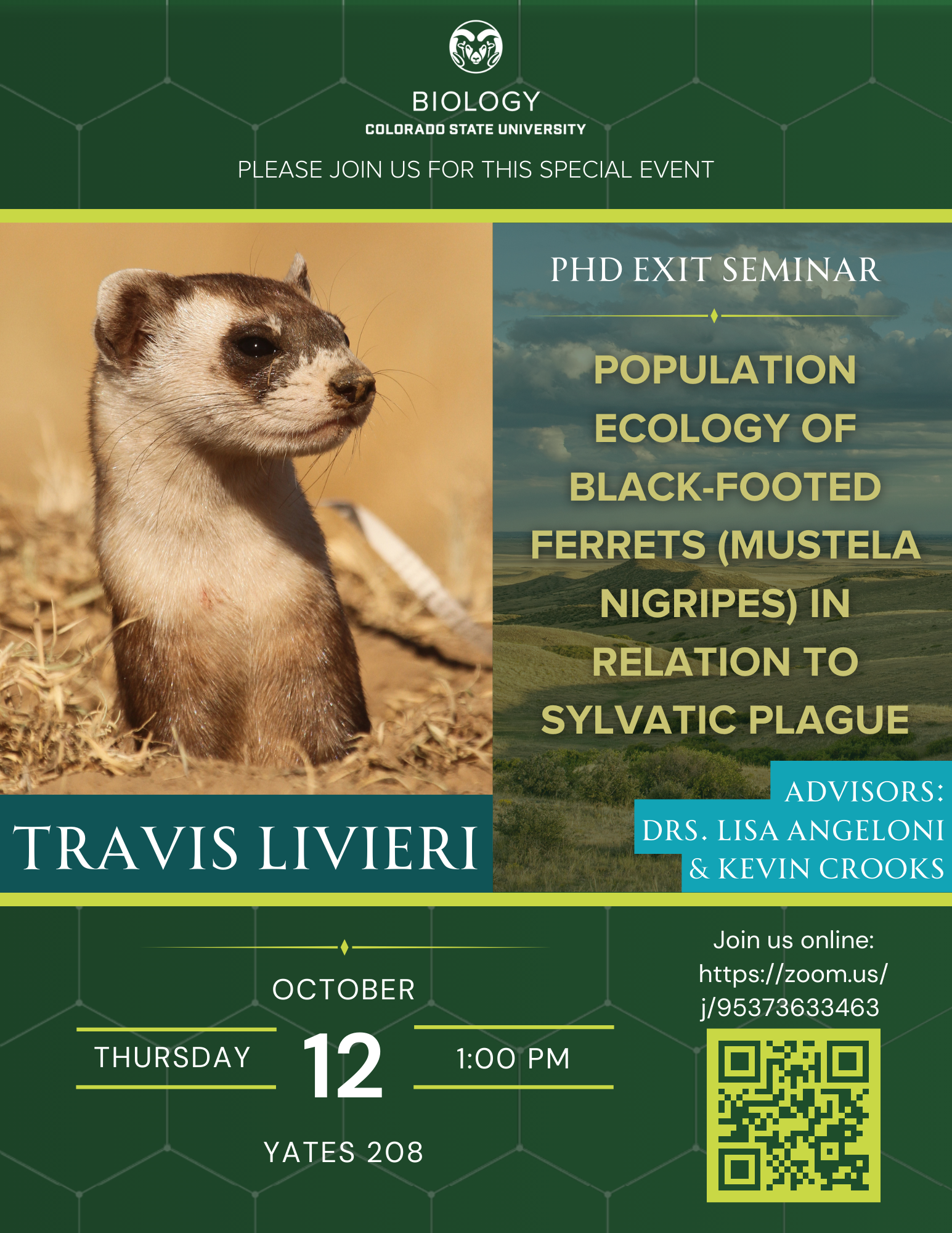 Promotional flyer for a Biology PhD Exit Seminar for Travis Livieri. Advised by Drs. Lisa Angeloni and Kevin Crooks