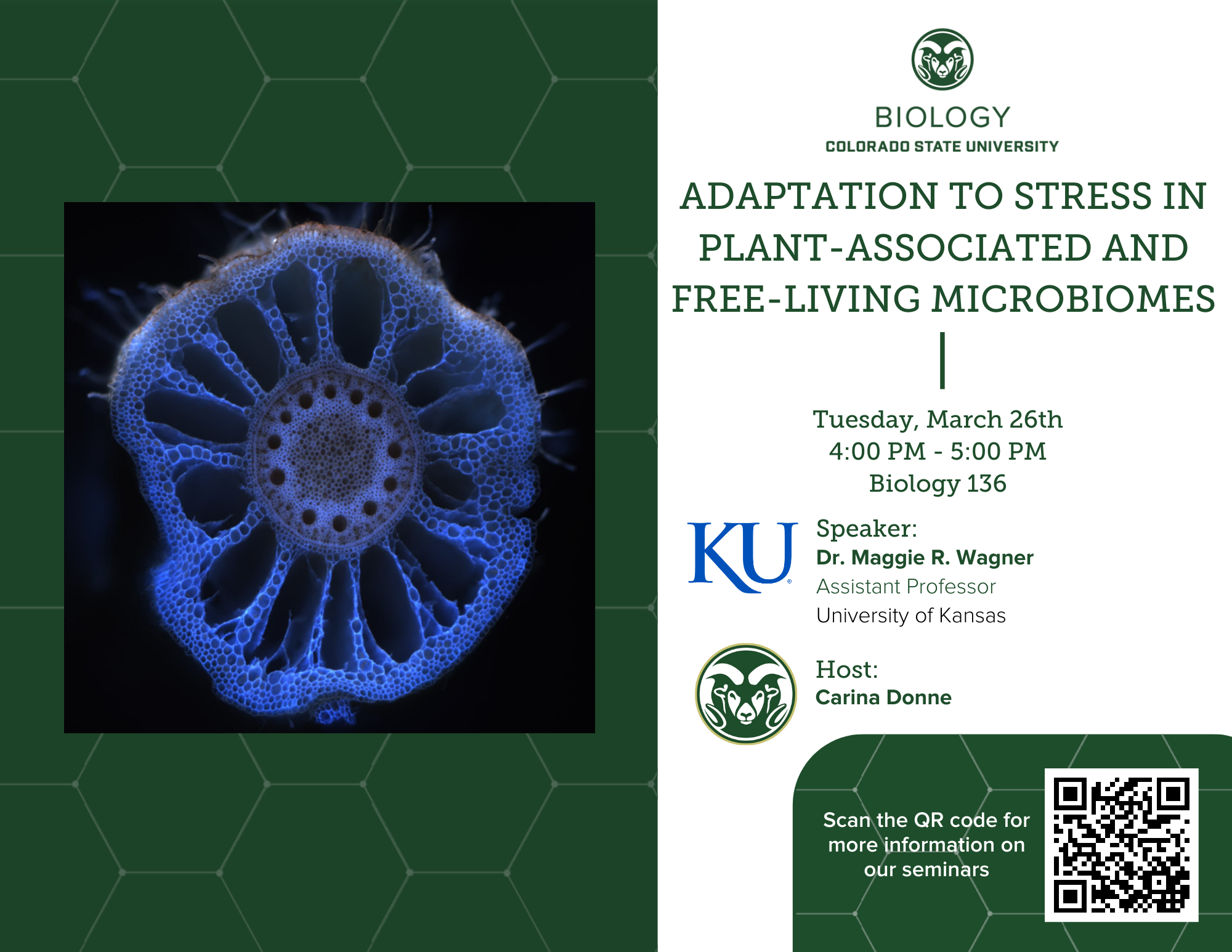 Promotional flyer for a Biology Seminar with Assistant Professor, Dr. Maggie R. Wagner from the University of Kansas. Hosted by Carina Donne.