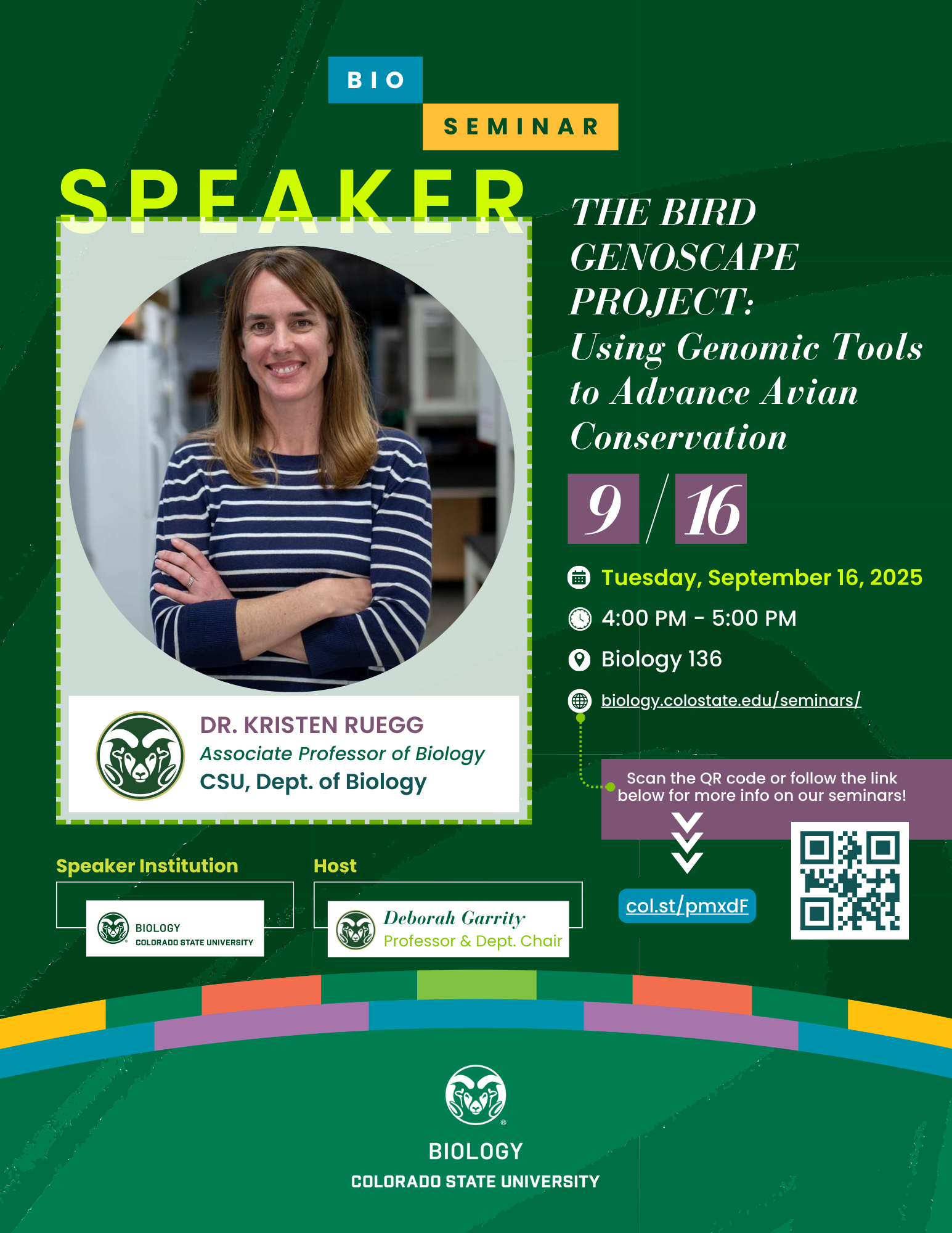 Flyer for a BIO Seminar at CSU featuring Dr. Kristen Ruegg, Associate Professor of Biology. The seminar titled “The Bird Genoscape Project: Using Genomic Tools to Advance Avian Conservation” is scheduled for Tuesday, September 16 from 4:00 PM to 5:00 PM in Biology 136. Includes seminar details and links for more information.