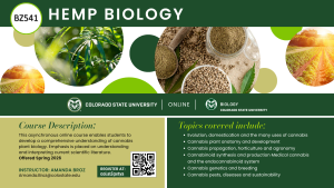 Flyer for Colorado State University online course “BZ541 Hemp Biology,” offered Spring 2026. Includes course description about cannabis plant biology and interpreting scientific literature. Topics listed: evolution and uses of cannabis, plant anatomy, propagation, medical cannabis, endocannabinoid system, genetics, breeding, pests, and sustainability. Instructor: Amanda Broz. QR code for registration.