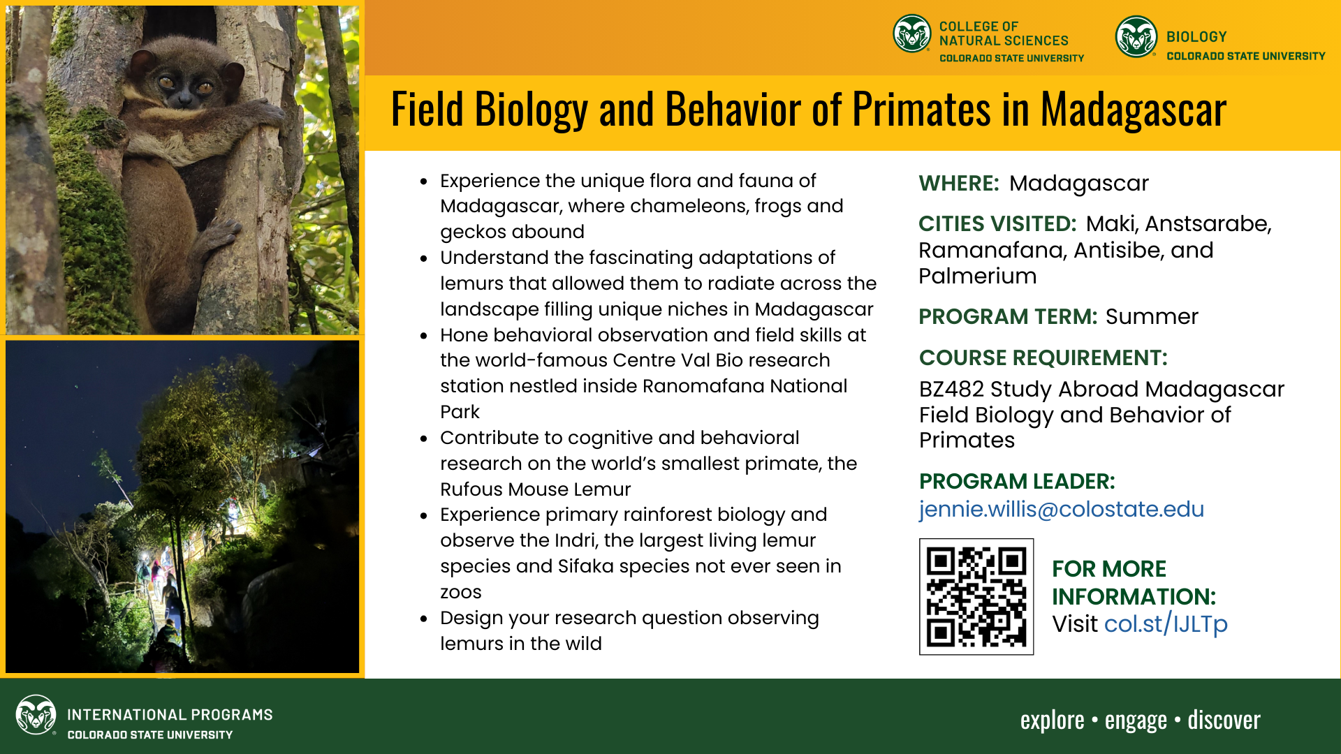 Promotional flyer for Colorado State University’s study abroad program titled “Field Biology and Behavior of Primates in Madagascar.” The flyer features two images: the top left shows a lemur clinging to a tree in a forest, and the bottom left shows students conducting nighttime field research with headlamps in a dense forest. The right side contains program details on a yellow background, including highlights like observing lemurs in the wild, studying rainforest biology, and visiting Ranomafana National Park. Text lists locations (Madagascar, cities such as Maki and Anstsarabe), summer term, course requirement (BZ482), and contact information for program leader Jennie Willis. A QR code and link for more information appear at the bottom. Logos for Colorado State University’s College of Natural Sciences, Biology Department, and International Programs are displayed along the top and bottom.