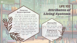A stylized illustrated background of a science laboratory filled with glass bottles, jars, and equipment in muted pastel colors. Overlaid text displays Colorado State University’s Biology department logo and describes the course “LIFE 102: Attributes of Living Systems.” Sections include a course description about introductory biology topics, a details box listing lecture and lab schedules for Summer 2026, and contact information for two instructors. Decorative illustrated plant leaves frame parts of the text.