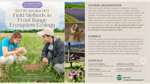 A promotional flyer for BZ 339 Section 002 Field Methods in Front Range Ecosystem Ecology, a summer 2026 course at Colorado State University. The course runs July 13 through August 7 and offers 3 credits. The description highlights research opportunities in Front Range ecosystems, focusing on grasslands, pollinators, plants, and small mammals. Students will gain hands-on experience with field methods, experimental design, and research proposal development. The flyer includes prerequisites, course format details, and contact information for instructors Galen Burrell, Anna Hall, Nicki Bailey, Adriana Jacobi, and Laura Lukens. Images depict students conducting fieldwork, prairie dogs, solar panels, and local flora and fauna, alongside the CSU Biology logo.