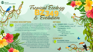 A colorful promotional flyer for BZ349: Tropical Ecology and Evolution, a summer 2026 course at Colorado State University. The flyer features vibrant tropical imagery, including flowers, butterflies, a parrot, and a toucan. The course explores the diversity of life in terrestrial and aquatic tropical ecosystems, focusing on ecological and evolutionary processes, adaptations of tropical species, and the importance of these habitats for global biodiversity and conservation. The course runs during the first 4-week summer session, May 18–June 14, and offers 3 credits. Classes are held in-person on Tuesdays and Thursdays from 10:00 AM to 12:30 PM in Biology 133, with online sessions on Mondays and Wednesdays. Contact information for Katherine Stroh is provided.