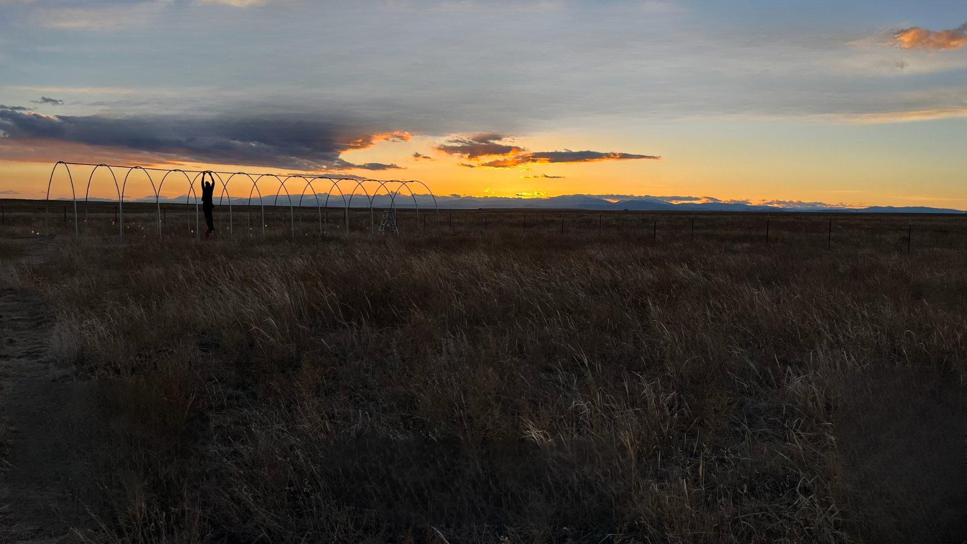 A scenic image of a grassy field at sunset with vibrant orange and yellow hues lighting up the sky. A person is silhouetted against the horizon, standing near a series of curved metal structures resembling a greenhouse frame. Mountains can be seen in the distance under a dramatic sky with scattered clouds. The peaceful landscape evokes a serene and tranquil atmosphere.