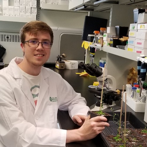 Sam Ogden sitting at a lab bench wearing a lab coat and holding a plant.
