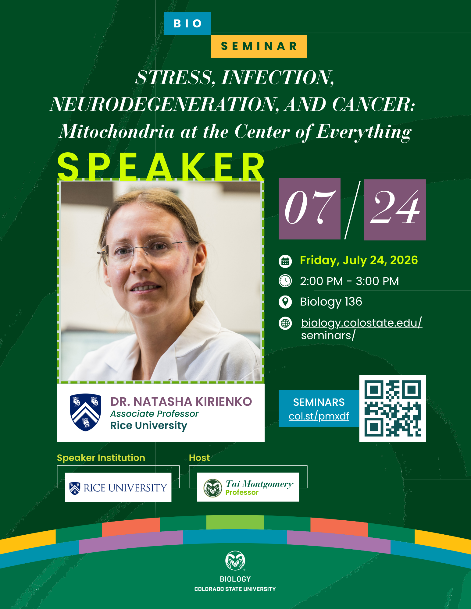 Promotional biology seminar flyer with a formal academic design, featuring a speaker portrait, university branding, and event details arranged to emphasize the talk’s scholarly focus and research theme.