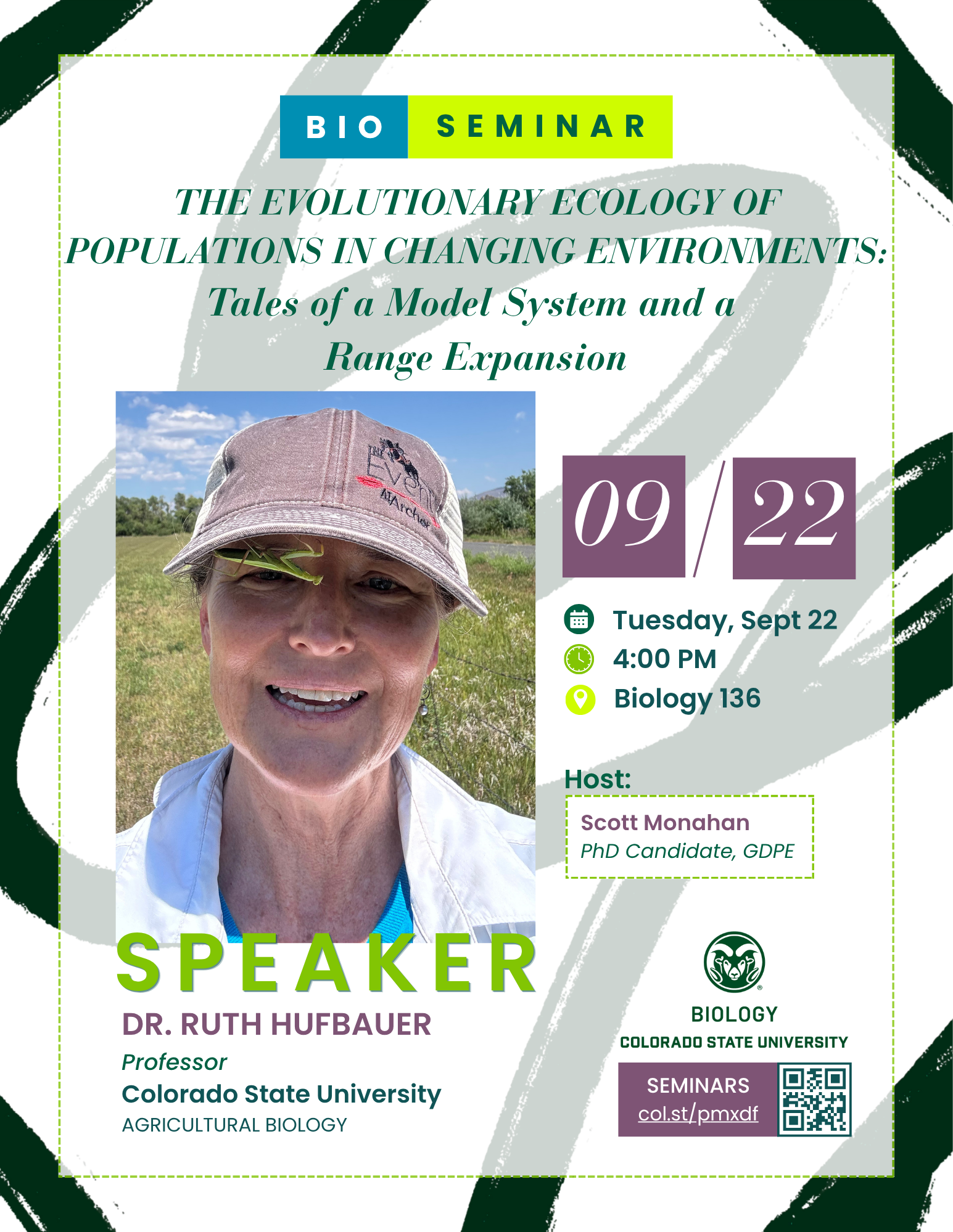 Promotional CSU Biology seminar flyer with a professional academic layout, featuring a speaker portrait, host information, and clear event details to present the talk as a formal research event. The overall design uses strong branding and a polished visual hierarchy to support a university audience and emphasize the seminar’s scholarly focus.