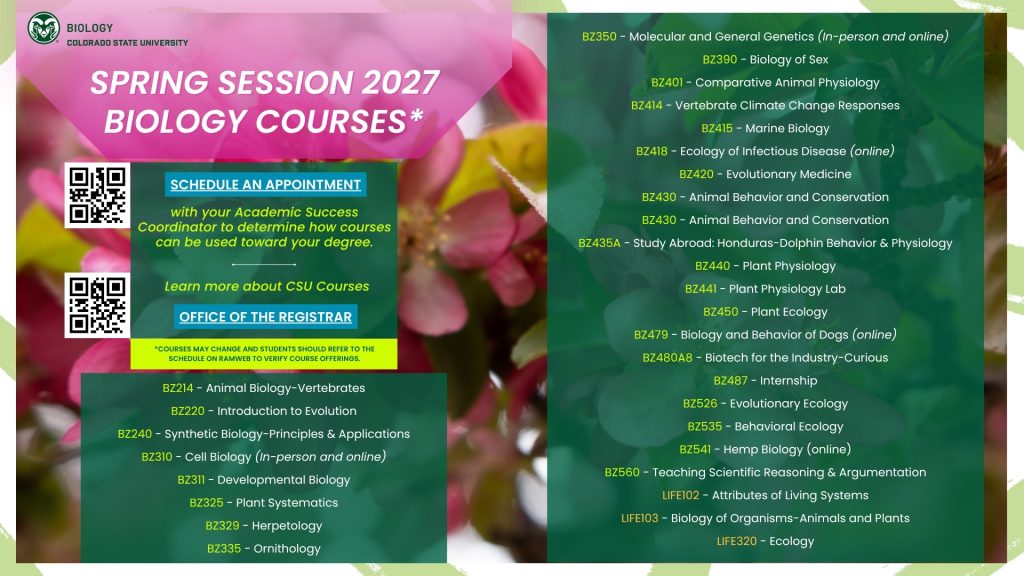 Promotional CSU Biology course guide flyer for spring 2027 with a floral background and a two-column layout listing available biology courses. The design emphasizes academic planning and student advising, with QR codes for scheduling an appointment and learning more about CSU courses, alongside a detailed course list spanning introductory, upper-division, and special topics biology classes.